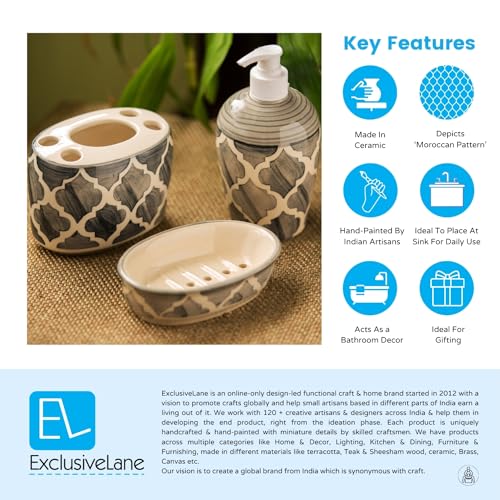 Exclusivelane Moroccan Essentials Handpainted 3 Piece Ceramic Bathroom Accessory, Grey And Off White (Liquid Soap Dispenser, Soa
